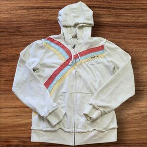 O'Neill White Birds, Sun & Rainbow Appliqué Y2K Zip-up Hoodie. Sz. L